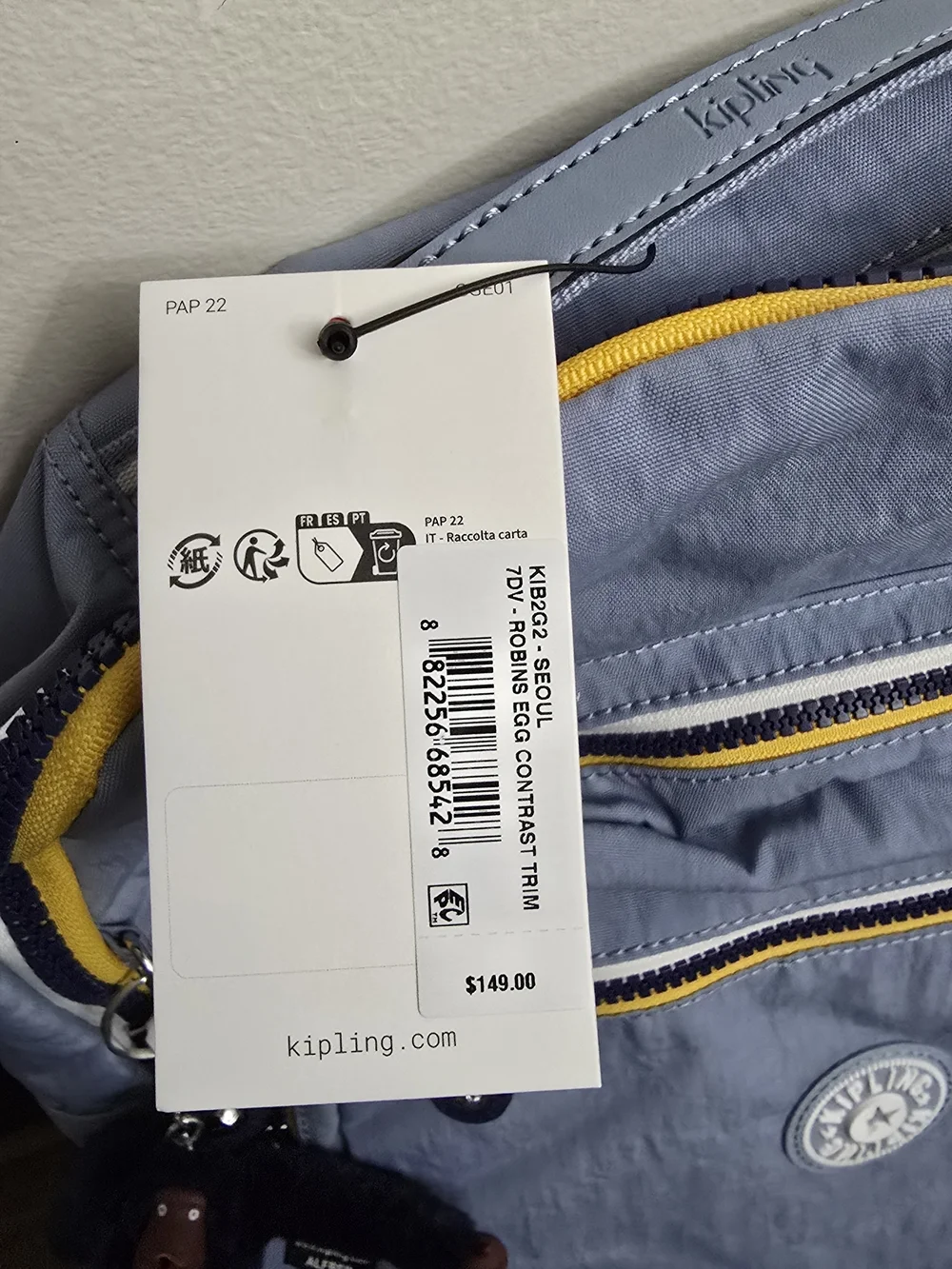 Kipling Blue Nylon Backpack with Yellow Trim
